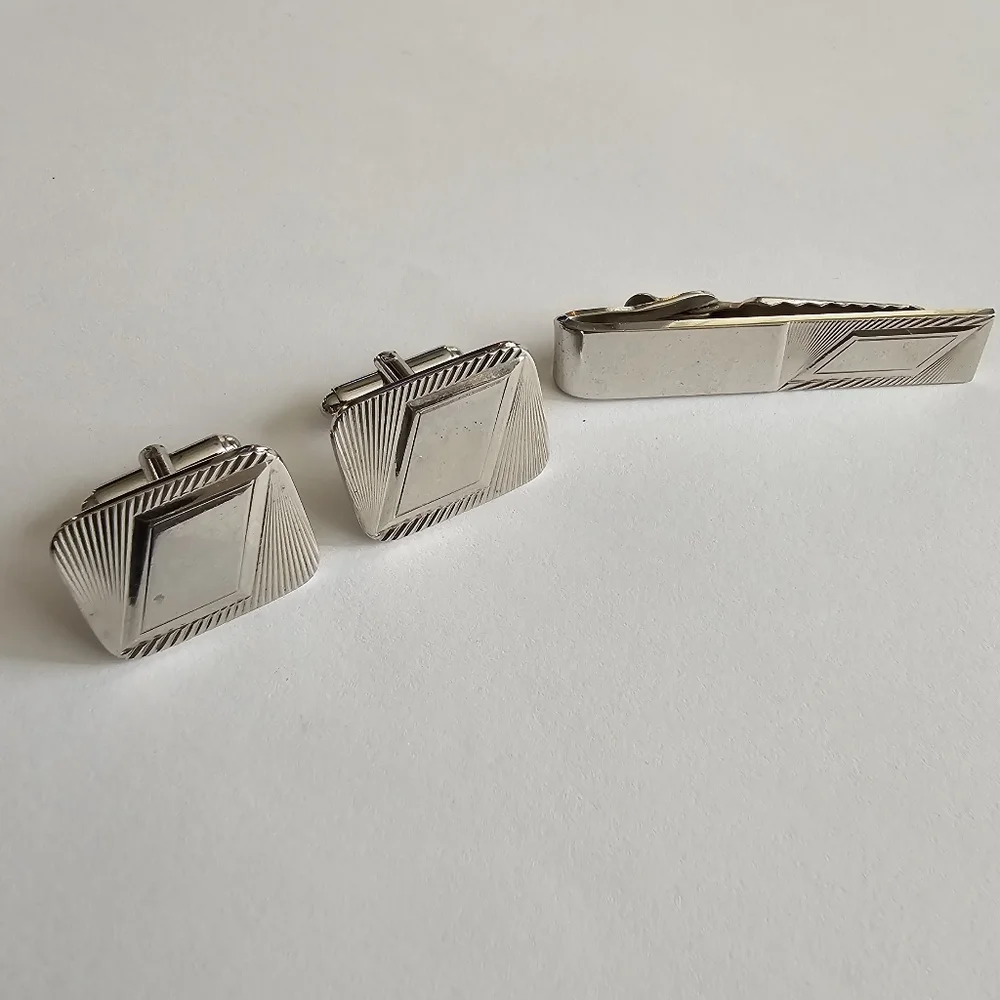 Vintage set cuff links tie clip silver tone geometric rhombus parallelogram